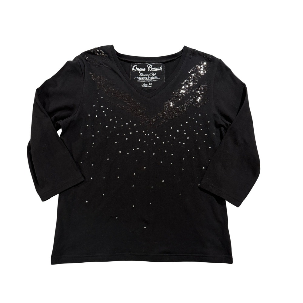 Y2K Onque Casuals Black Rhinestone Studded V-Neck Top Medium NWT